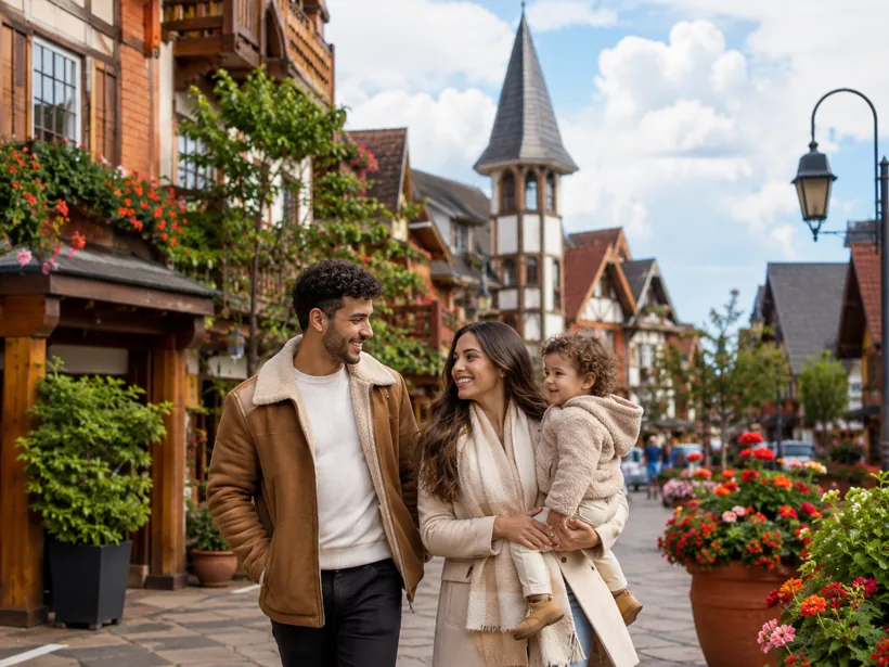 Família em rua charmosa de Gramado